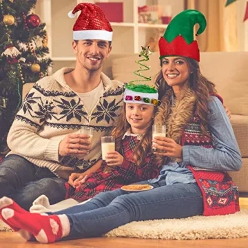 Syhood 6 Pieces Christmas Hats Santa Xmas Hat Christmas Tree Hat Cap Elf Hat Coil Santa Hat for Adults Merry Xmas Carnival Party Costume Props