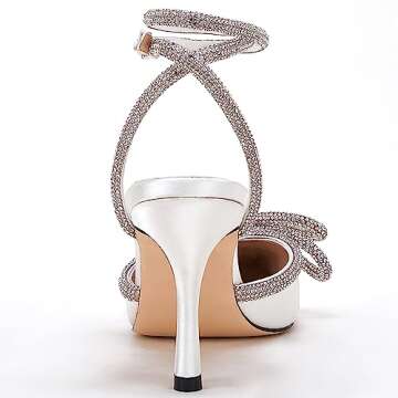 VETASTE Women's Double Bow Pointed Toe Ankle Strap Crystal Pumps Wedding Bridal Party Stilettos Backless Satin Heeled Sandals,White, Size 7.5