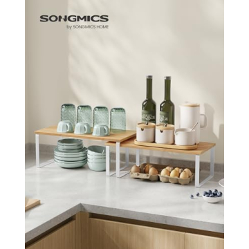 SONGMICS Cabinet Organizer Shelf, Set of 2 Kitchen Counter Shelves, Kitchen Storage, Spice Rack, Stackable, Expandable, Metal and Engineered Wood, Cloud White and Natural Beige UKCS200W01
