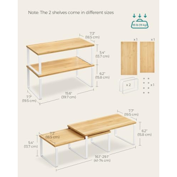 SONGMICS Cabinet Organizer Shelf, Set of 2 Kitchen Counter Shelves, Kitchen Storage, Spice Rack, Stackable, Expandable, Metal and Engineered Wood, Cloud White and Natural Beige UKCS200W01