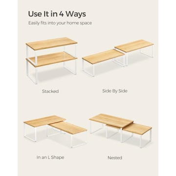 SONGMICS Cabinet Organizer Shelf, Set of 2 Kitchen Counter Shelves, Kitchen Storage, Spice Rack, Stackable, Expandable, Metal and Engineered Wood, Cloud White and Natural Beige UKCS200W01