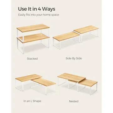 SONGMICS Cabinet Organizer Shelf, Set of 2 Kitchen Counter Shelves, Kitchen Storage, Spice Rack, Stackable, Expandable, Metal and Engineered Wood, Cloud White and Natural Beige UKCS200W01