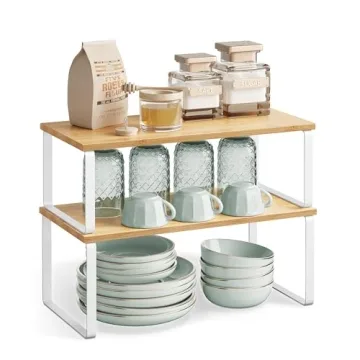 SONGMICS Cabinet Organizer Shelf, Set of 2 Kitchen Counter Shelves, Kitchen Storage, Spice Rack, Stackable, Expandable, Metal and Engineered Wood, Cloud White and Natural Beige UKCS200W01