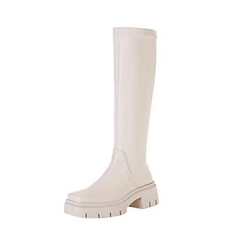 vivianly Women's Chunky Heel Knee high Boots Zipper Square Toe Platform Booties Beige Size 8