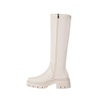 vivianly Women's Chunky Heel Knee high Boots Zipper Square Toe Platform Booties Beige Size 8
