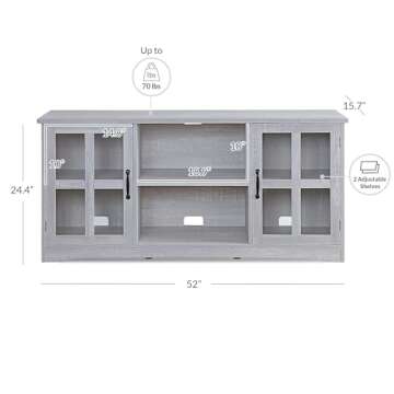 BELLEZE Modern 52 Inch Traditional TV Stand & Media Entertainment Center Console Table for TVs up to 55 Inch or Sideboard Buffet with Wood Glass Storage Cabinets - Cori (Stone Gray)