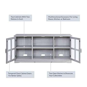 BELLEZE Modern 52 Inch Traditional TV Stand & Media Entertainment Center Console Table for TVs up to 55 Inch or Sideboard Buffet with Wood Glass Storage Cabinets - Cori (Stone Gray)