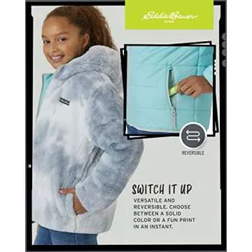 Eddie Bauer Girls' Reversible Jacket - Deer Harbor Waterproof Lightweight Puffer Coat with Faux Shearling Lining (5-20), Size 14-16, Aqua