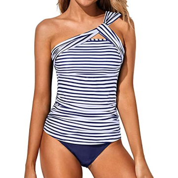Tempt Me White Blue Stripe Two Piece Tankini Bathing Suits for Women One Shoulder Swim Top with Bottom Swimsuits XL