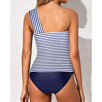 Tempt Me White Blue Stripe Two Piece Tankini Bathing Suits for Women One Shoulder Swim Top with Bottom Swimsuits XL