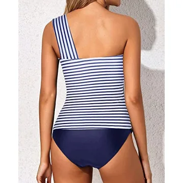 Tempt Me White Blue Stripe Two Piece Tankini Bathing Suits for Women One Shoulder Swim Top with Bottom Swimsuits XL