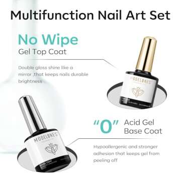 modelones Nail Dehydrator and Primer with Gel Base & Top Coat Set, Acid Free Acrylic Nail Supplies Primer Glossy Gel Nail Polish Top Coat Starter Kit