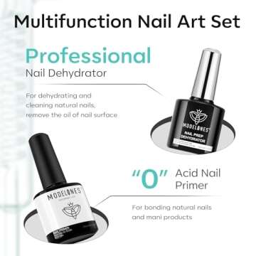 modelones Nail Dehydrator and Primer with Gel Base & Top Coat Set, Acid Free Acrylic Nail Supplies Primer Glossy Gel Nail Polish Top Coat Starter Kit