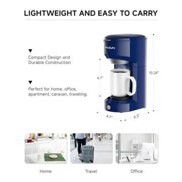 Vimukun Single Serve Coffee Maker,One Cup Coffee Maker for K-Cup Pods & Ground Coffee, Single Cup Coffee Machine with 6 to 14oz Reservoir, Auto Shut-off, Small Size(Blue)