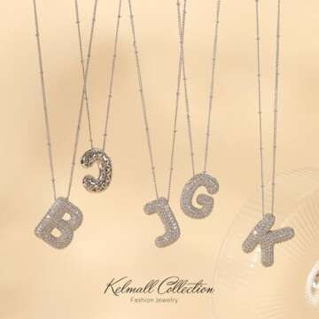 KELMALL Cubic Zirconia Bubble Initial Letter Necklace for Women - Elegant Silver Plated A-Z Alphabet Name Pendant Necklace with Rhinestone - Personalized Gift