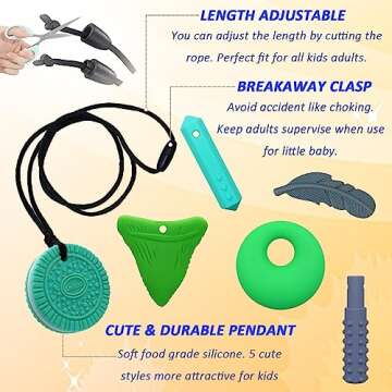 Chewy Necklaces for Sensory Kids, Silicone Chewy Necklaces for Boys and Girls with Autism, ADHD, SPD, Chewing, Oral Motor Therapy Toy