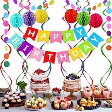 Happy Birthday Banner, Rainbow Birthday Banner, 6 Honeycomb Balls, 8 Metallic Hanging Swirls and Circle Parper Garland, Happy Birthday Decorations