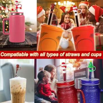 Avky 4 Pcs Christmas Straw Cover Cap for Stanley Cup, 10mm 0.4in Stanley Accessories Xmas Straw Toppers Cap with 30&40 Oz Tumbler with Handle Dust-Proof Reusable Straw Tips Lids for Christmas Gifts