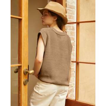 Locachy Women's Vintage Crew Neck Sweater Vest Casual Cap Sleeve Knit Pullover Tank Top Khaki S