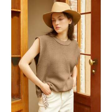 Locachy Women's Vintage Crew Neck Sweater Vest Casual Cap Sleeve Knit Pullover Tank Top Khaki S
