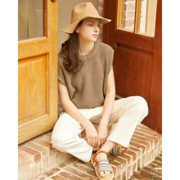 Locachy Women's Vintage Crew Neck Sweater Vest Casual Cap Sleeve Knit Pullover Tank Top Khaki S