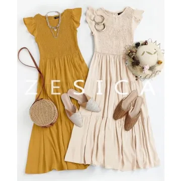 ZESICA Women's 2024 Summer Casual Flutter Short Sleeve Crew Neck Smocked Elastic Waist Tiered Midi Dress,Apricot,Small