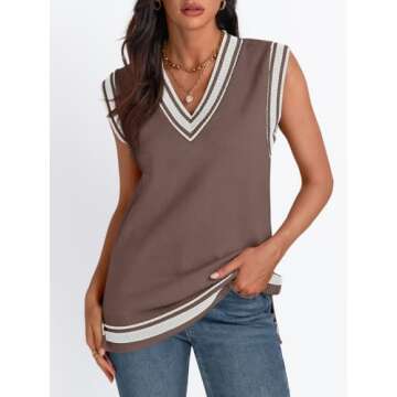 LILLUSORY Women V Neck Sweater Vest Sleeveless Vest Tops Color Block Striped Knit Pullover Casual Cu...