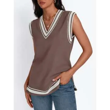 LILLUSORY Women V Neck Sweater Vest Sleeveless Vest Tops Color Block Striped Knit Pullover Casual Cute Preppy Teen Vintage Clothes 2024 Fall Trendy Fashion Office Outfits Nutmeg XL
