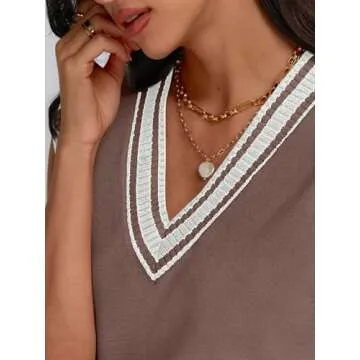 LILLUSORY Women V Neck Sweater Vest Sleeveless Vest Tops Color Block Striped Knit Pullover Casual Cute Preppy Teen Vintage Clothes 2024 Fall Trendy Fashion Office Outfits Nutmeg XL