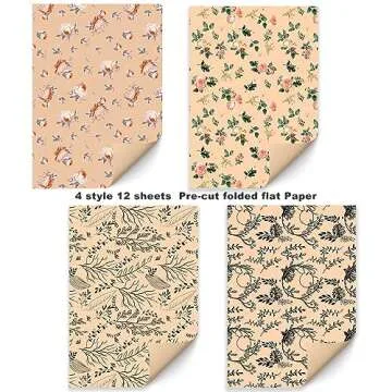 PlandRichW Floral Kraft Wrapping Paper Set 12 Sheets