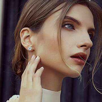 Dochais 4 Pairs Cubic Zirconia Stud Earrings Set 18K Gold Plated Hypoallergenic 4 Prong CZ Earrings for Women Round Opal Ball Stud Tragus Cartilage Ear Jewelry(Silver)