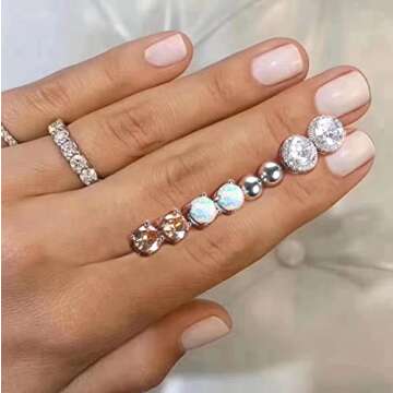 Dochais 4 Pairs Cubic Zirconia Stud Earrings Set 18K Gold Plated Hypoallergenic 4 Prong CZ Earrings for Women Round Opal Ball Stud Tragus Cartilage Ear Jewelry(Silver)