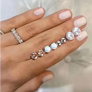 Dochais 4 Pairs Cubic Zirconia Stud Earrings Set 18K Gold Plated Hypoallergenic 4 Prong CZ Earrings for Women Round Opal Ball Stud Tragus Cartilage Ear Jewelry(Silver)