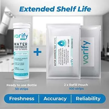 Varify Water Hardness Test Kit - Water Testing Kit for Home, Drinking, Well, Spa, Swimming Pool, Softener, Dishwasher & More - Hard Water Test Strips for Calcium, Magnesium etc (0-425 pmm, 150 Strips)