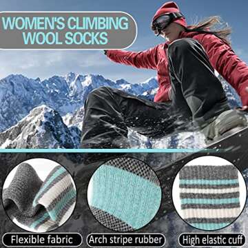 EBMORE Womens Merino Wool Hiking Socks Thermal Warm Winter Boot Crew Cushion Work Gift Socks 5 Pairs(Striped-B,M)