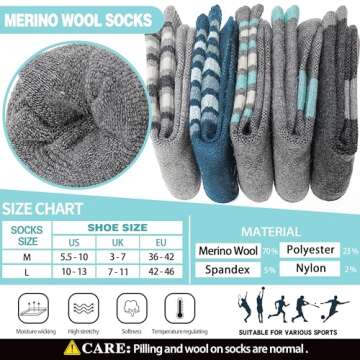 EBMORE Womens Merino Wool Hiking Socks Thermal Warm Winter Boot Crew Cushion Work Gift Socks 5 Pairs(Striped-B,M)