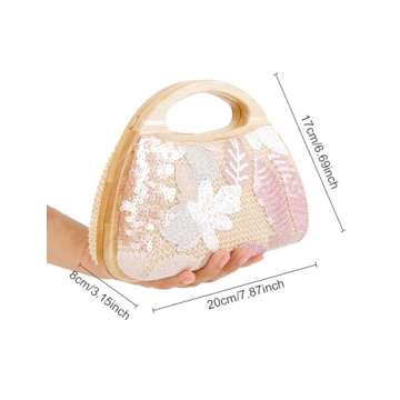 Sheiyeah Women Straw Sequin Embroidered Flower Evening Handbag Clutch Purse Wooden Handle for Beach Holiday Party
