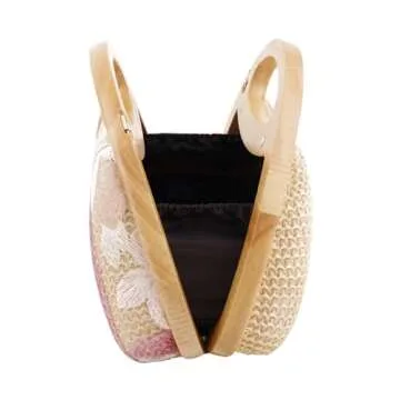 Sheiyeah Women Straw Sequin Embroidered Flower Evening Handbag Clutch Purse Wooden Handle for Beach Holiday Party