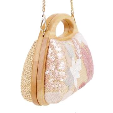 Sheiyeah Women Straw Sequin Embroidered Flower Evening Handbag Clutch Purse Wooden Handle for Beach Holiday Party
