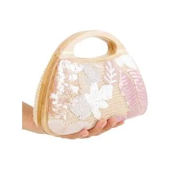 Sheiyeah Women Straw Sequin Embroidered Flower Evening Handbag Clutch Purse Wooden Handle for Beach Holiday Party
