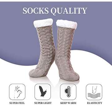SDBING Women's Winter Super Soft Warm Cozy Fleece Lined Fuzzy Slipper Socks with Grippers (Light Gray, 6-10)