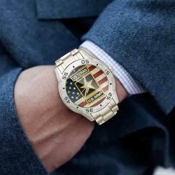 Custom US Army Veteran Analog Watch with Flag Design