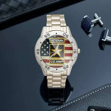 Custom US Army Veteran Analog Watch with Flag Design