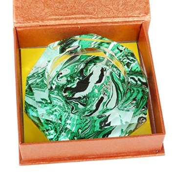 Kufox Marbling Crystal Cigarette Ashtray, Colorful Octangle Shape Glass Ash Holder Case with 4 Grooves, Decorative Tabletop Smoking Ash Tray for Indoor and Outdoor (Forest Green Marbling)