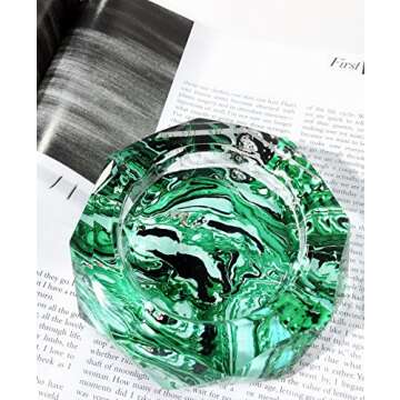 Kufox Marbling Crystal Cigarette Ashtray, Colorful Octangle Shape Glass Ash Holder Case with 4 Grooves, Decorative Tabletop Smoking Ash Tray for Indoor and Outdoor (Forest Green Marbling)