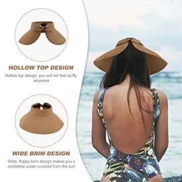 OULII Women Foldable Roll Up Wide Brim Bowknot Summer Beach Sun Visor Straw Hat Cap (Khaki)