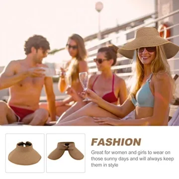 OULII Women Foldable Roll Up Wide Brim Bowknot Summer Beach Sun Visor Straw Hat Cap (Khaki)