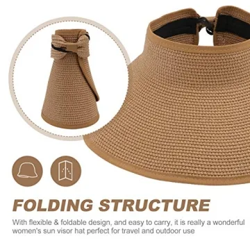 OULII Women Foldable Roll Up Wide Brim Bowknot Summer Beach Sun Visor Straw Hat Cap (Khaki)