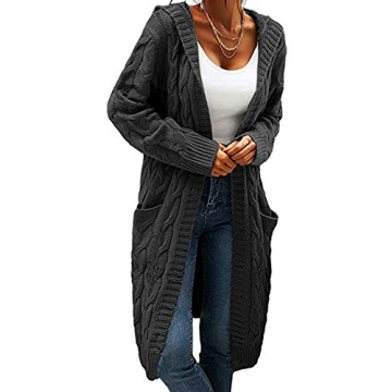 Elegant Women Hooded Open Front Cardigan Cable Knit Sweater Coats