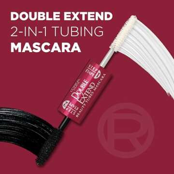 L'Oreal Paris Makeup Double Extend Tubing Mascara, Lengthening 2 Step Mascara, Smudgeproof, Blackest...